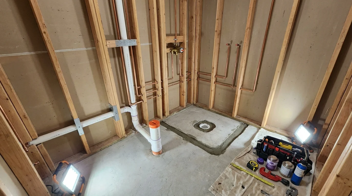 Bathroom rough-in plumbing during remodel by Johns Plumbing LLC in Thomson
