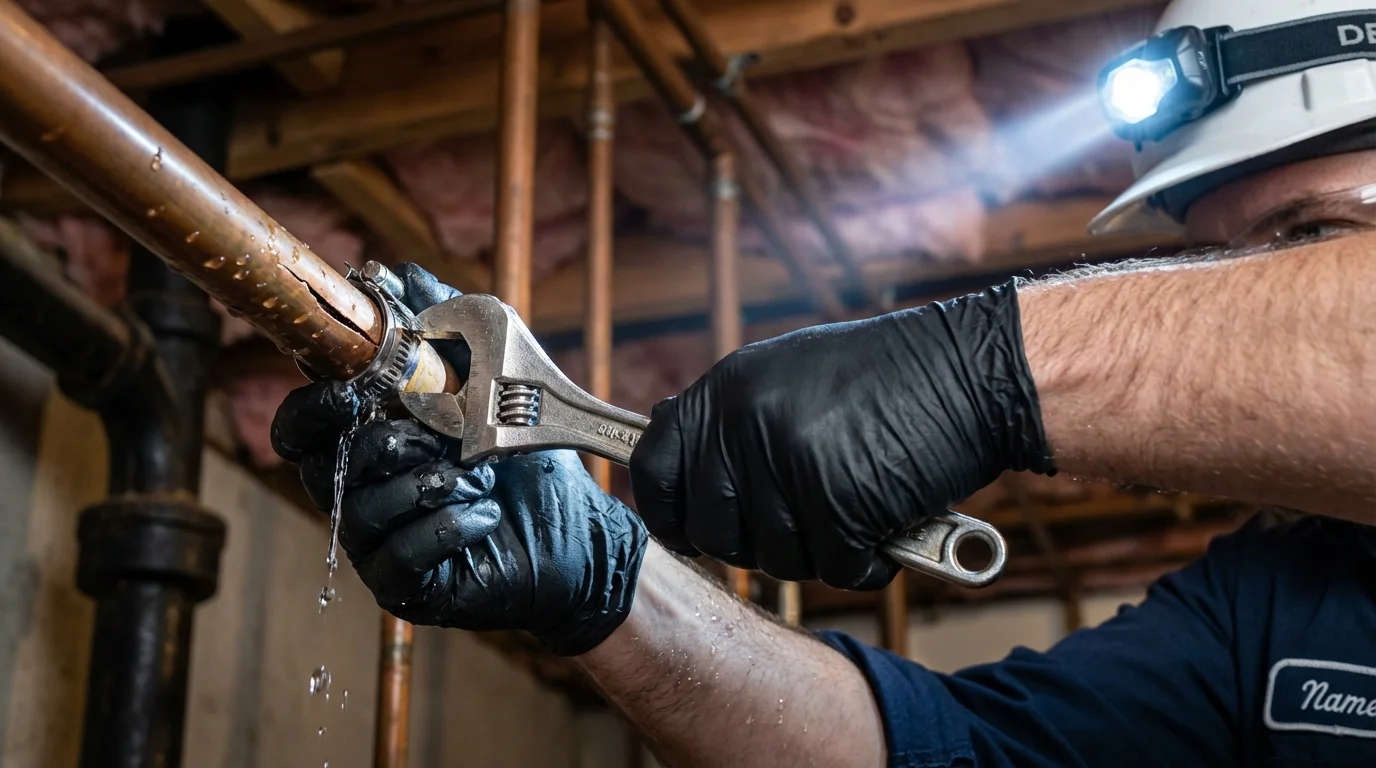Emergency pipe clamp repair being performed by a Johns Plumbing LLC plumber in Thomson
