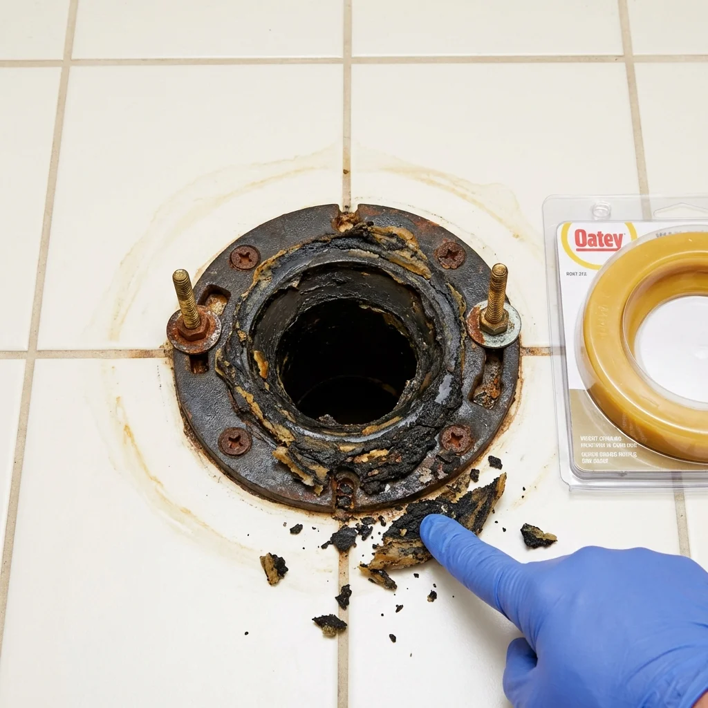 Failed wax ring showing water seepage at the base of a toilet in a Thomson, GA home