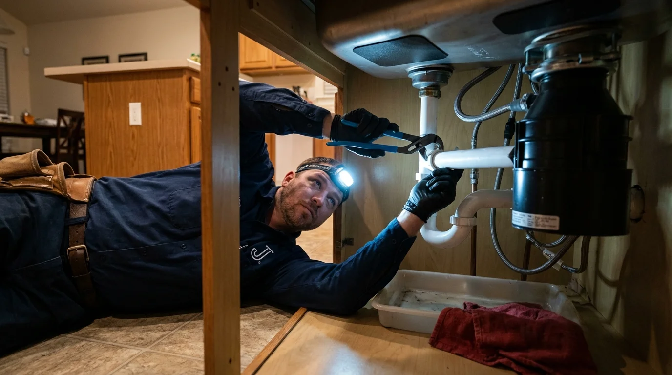 P-trap and supply line connections under a kitchen sink showing a common leak point in Thomson, GA